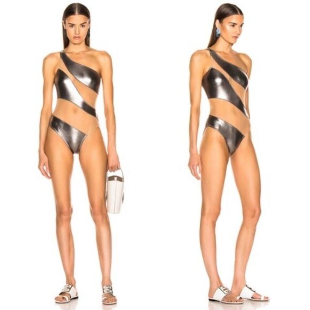 Norma Kamali Snake Mesh Mio One-shoulder One-piece Swimsuit in Gunmetal Medium $